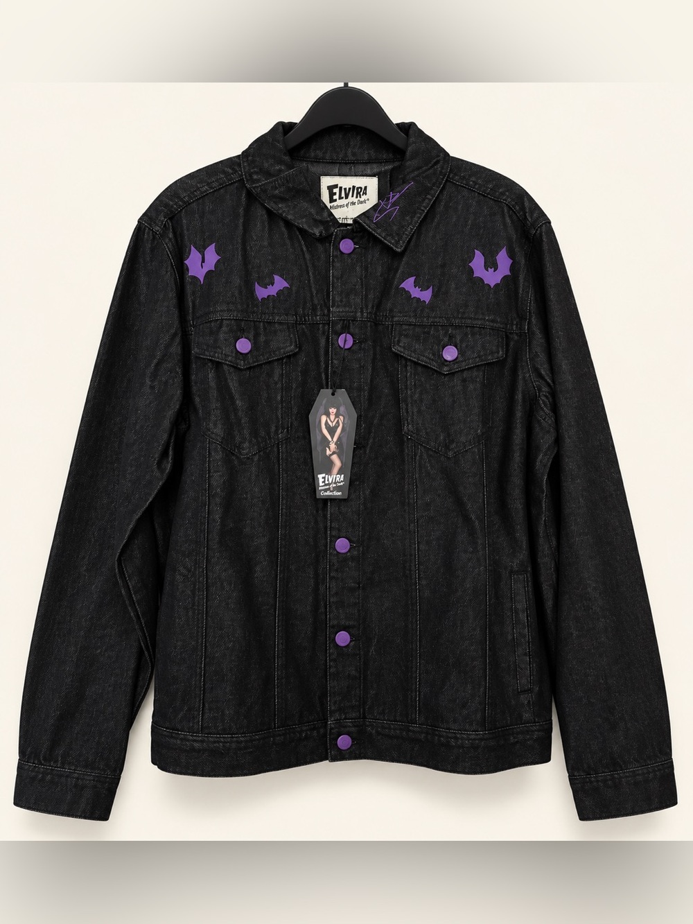 Elvira Black Denim Jacket with Purple Bat Accents